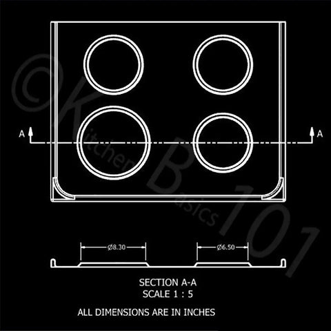 Technical drawing of Porcelain Drip Pan Replacement Set For Whirlpool Amana Maytag W10288051 with dimensions in inches.