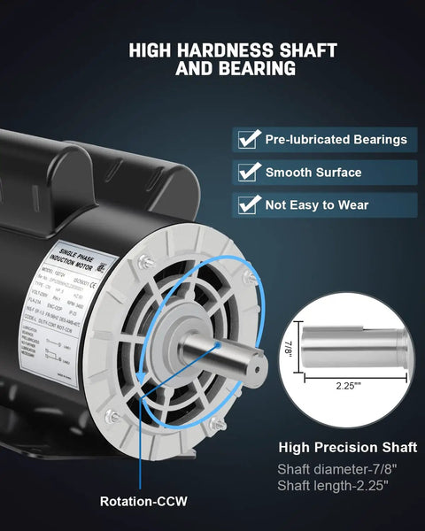 Beast 5 HP 230V Single Phase Air Compressor Motor, 3450 RPM, 56 Frame, Highlighting CCW Rotation and Shaft Details