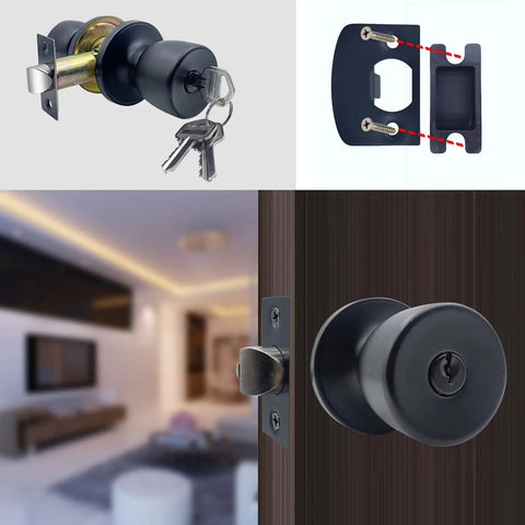 Black Matte Round Ball Door Knob With Lock And Keyed Entry for Interior or Exterior Doors ANSI Grade 3, set with 3 brass keys