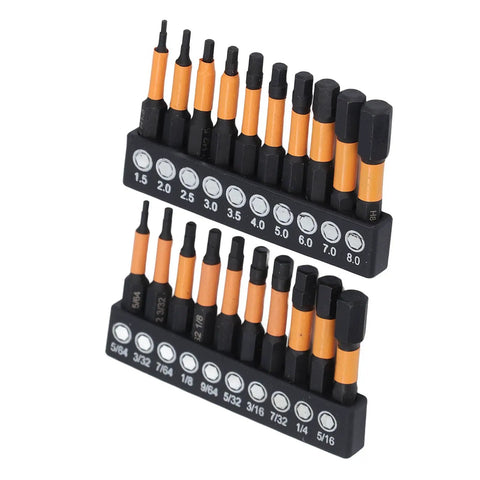 Premium 20 Piece Hex Bit Set With Magnetic Alloy Steel Screwdriver Bits For Furniture Assembly And Automotive Maintenance Featuring 1/4 Inch Hex Shank Metric And Imperial Drill Kit That Is Totally Awesome., 20-piece hex bit set with metric and imperial sizes on rack