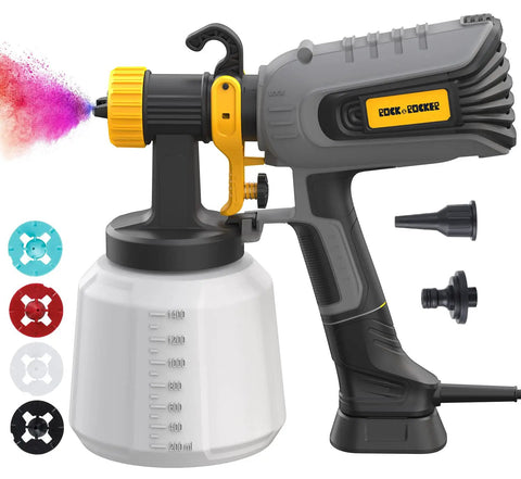 All Around Paint Sprayer For Home Interior And Exterior With 1400ml Tank, 550W, 4 Nozzles, 3 Spray Patterns, displayed with colorful paint