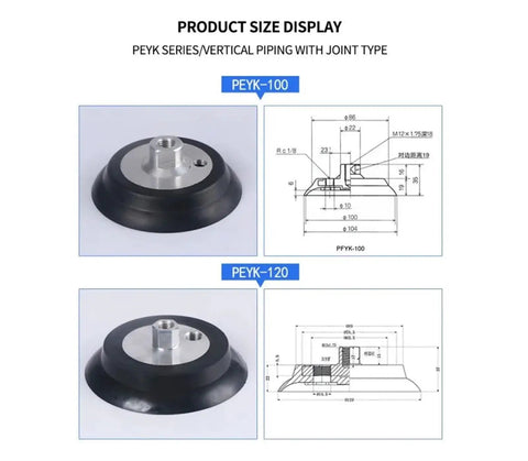 PFYK-120 Pneumatic Gas Air Nozzle Manipulator And Industrial Rubber Suction Cup Chuck size display with dimensions and design.