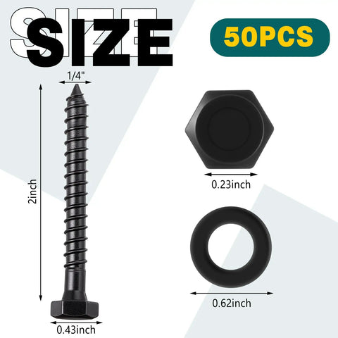 Heavy Duty Wood Lag Screws Set One Quarter Inch By Two Inch Hex Head Lag Bolts With Washers Fifty Counts Carbon Steel Black Zinc Plated