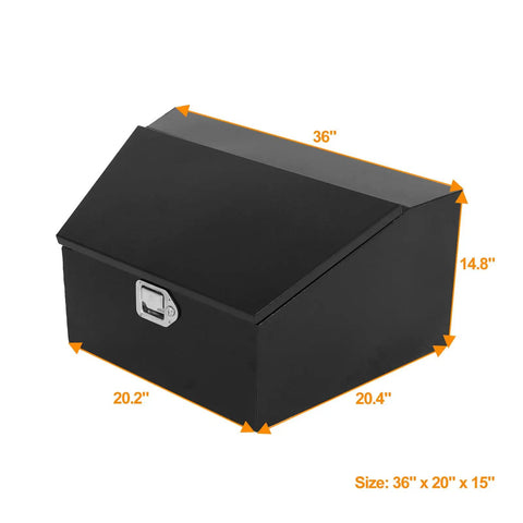 Heavy Duty 36 Inch Trailer Tongue Tool Box With Angled Sloped Lid Steel Storage Chest Built Tough As Nails For RV Gear Trailers and Camping Organization Rig Ready Hitch Accessory, dimensions shown.