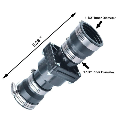 Slip On Sump Pump Check Valve With Stainless Steel Clamps For One And One Half Inch Or One And One Quarter Inch ABS Body With EPDM Seals Corrosion Resistant Clamp Fasteners Easy Install Vertical Or Horizontal, showing dimensions and connectors