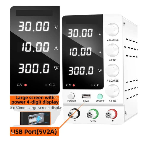 Adjustable DC Lab Power Supply 32V 6A and 30V 10A Regulated Switching Supply with large display and USB port.