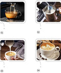 Image showing steps for making coffee: filling espresso cup, steaming milk, pouring milk, completed cappuccino.