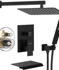Matte Black 12-Inch Rain Shower Head System With Waterfall Tub Filler, Bathtub Faucet Set Featuring Handheld Shower, 60-Inch Hose