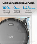 Close-up of Like-New C10 Robot Vacuum in corner with unique arm, LiDAR mapping, 1.48-inch gap reach for efficient cleaning.