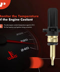A-Premium engine coolant temperature sensor; brass probe, black plastic housing, close-up view