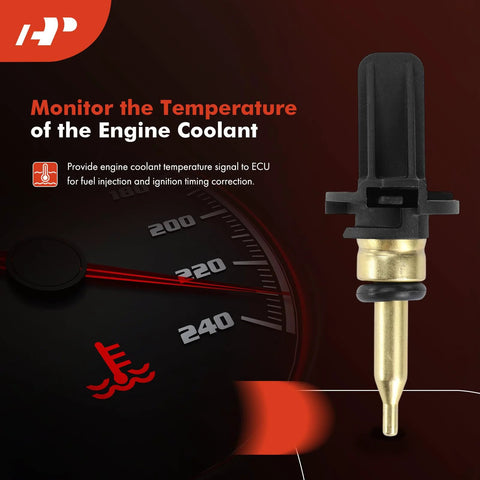 A-Premium engine coolant temperature sensor; brass probe, black plastic housing, close-up view