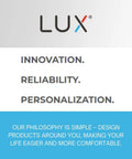 Image of Lux branding with slogans 'Innovation, Reliability, Personalization' and design philosophy for user-centered products.