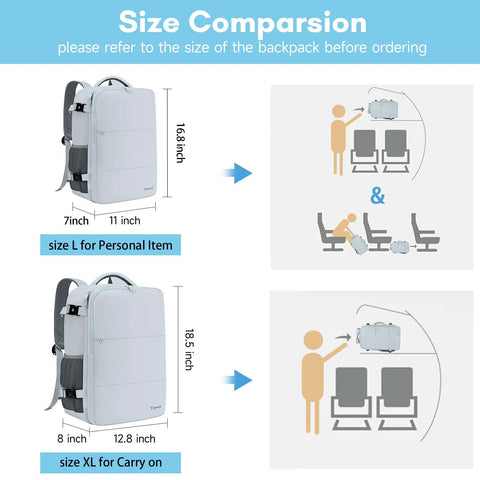 Size comparison of Carry On Travel Backpack 40L For Women Airline Approved Underseat Personal Item With Shoe Compartment and Wet Pocket in blue.