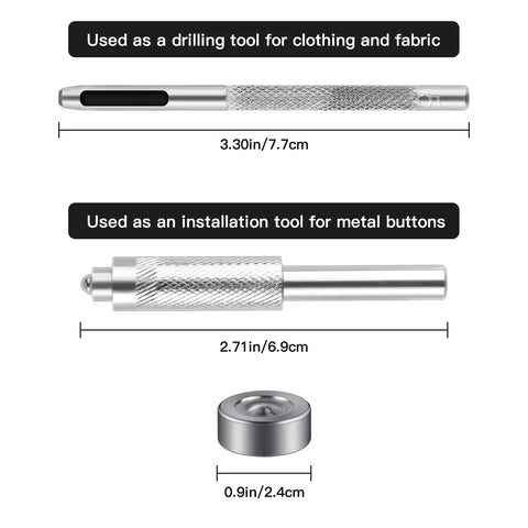 Leather Snap Fastener Kit 100 Sets Five Eighth Inch 15mm Snap Buttons For Leather Bags Jeans Clothes And Fabric Anti Rust Finish Includes Gold Silver Bronze Black Colors And 3 Installation Tools For Easy DIY Repairs showing drilling and installation tools
