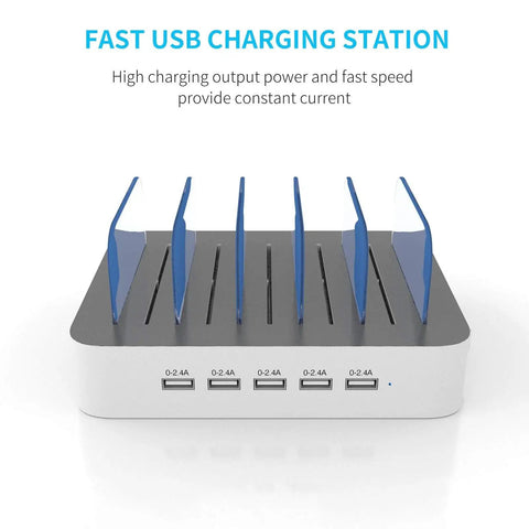Five Port USB A Charging Station For Multiple Devices Desktop Dock Organizer With Seven Short Cables Included in white front view