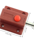 Heavy Duty Spring Loaded Press Button Bolt 6 Pack With Slick Sliding Barrel Lock Kickass Security Latch For Shed Door Cabinet Easy No Sweat Surface Mount Assembly Premium Abs Plastic Hardware, showing red button and measurements.