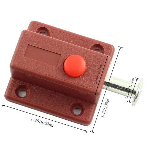 Heavy Duty Spring Loaded Press Button Bolt 6 Pack With Slick Sliding Barrel Lock Kickass Security Latch For Shed Door Cabinet Easy No Sweat Surface Mount Assembly Premium Abs Plastic Hardware, showing red button and measurements.