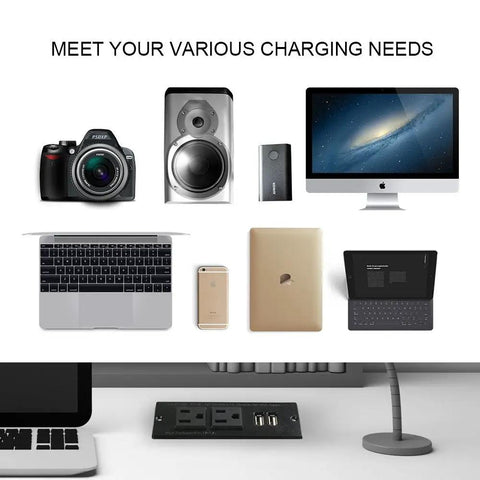 Conference Recessed Power Strip With USB Ports Table Mount Desktop Charging Station shown with various devices above a desk.