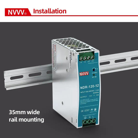 DIN Rail 12V DC 10A Power Supply For Control Panels And Automation, 120W Switching Converter, Input 85 to 264VAC, Output 12V DC, Easy Mount On DIN Rail, High Efficiency And Rock Solid Regulation For PLC Pros, 35mm rail mount