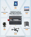 Heavy Duty 2000 Watt DC To AC Inverter Converts 12 Volts No Fuss To 110 Volts With Quick Charge Ports for daily appliances.