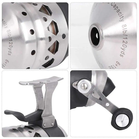 Close-up of Ambidextrous Spincast Fishing Reel With Stainless Steel Build, 15Lb Line Capacity, 55 Yds, 3.6:1 Gear Ratio