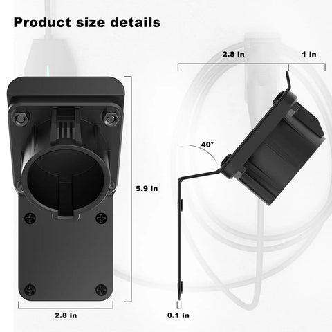 Heavy Duty Wall Mount Charger Holder For SAE J1772 EV Chargers With Universal J1772 Plug Organizer side and front view