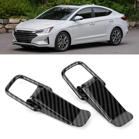 Quick Release Hook Lock Clip For Cars And Trucks, Universal Fit With Carbon Fiber Texture Hood Fastener shown with vehicle.