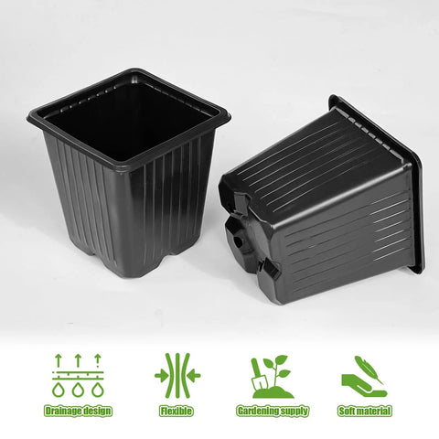 100 Pack Square Plant Nursery Pots With Drainage Holes Three And A Half Inch Plastic Seed Starter Pots, black, side view.