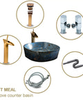 Vintage Hand Painted Blue Ceramic Vessel Sink Top Shelf Slick Gloss Finish No Hassle Easy Clean Single Basin Vanity Washbasin Complete Faucet Kit Ready To Roll with faucet and components.
