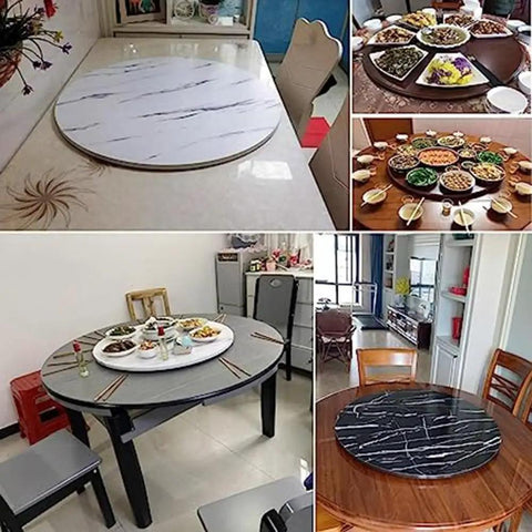Image collage: round tables with rotating serving trays, heavy duty round wooden serving tray with 360 degree lazy Susan turntable base.