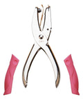 1mm Circle Hole Punch For Craft Paper With Pink Handy Grip Handle, metal body, side view, small circle cutter for scrapbooking and DIY projects