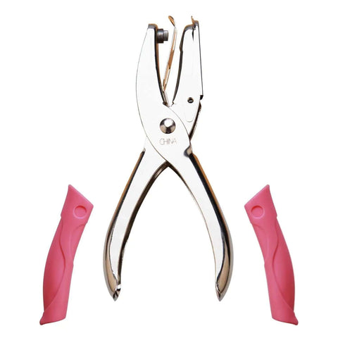 1mm Circle Hole Punch For Craft Paper With Pink Handy Grip Handle, metal body, side view, small circle cutter for scrapbooking and DIY projects