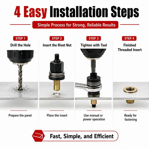 Pro Grade Rivet Nut Tool Kit With Seven Mandrels M3 Through M12 And 70 Flat Head Rivet Nuts, Built Tough For Thin Materials From Electronics Brackets To Automotive Chassis. 4-step rivet nut installation guide