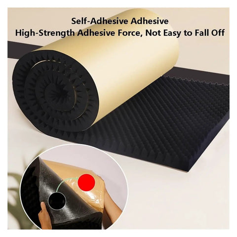Killer Self Adhesive Egg Crate Acoustic Foam Panels 2 CM Thick Soundproofing Foam showcasing roll with black foam texture and adhesive backing.