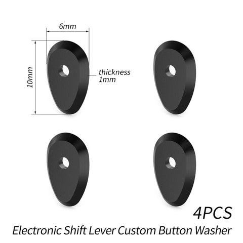 Image of 4-pack pushbutton spacers with dimensions for electronic road bike shifting enhancing shift feel and control, shown in black.