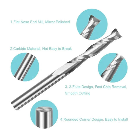 Top Shelf Precision 2 Flute Flat Nose Upcut Carbide Router Bit For Wood Mdf Pvc Cnc Milling Projects Featuring Rugged Blue Coating And Swift Chip Clearance with polished finish and rounded corners.
