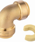100 Pack 3/4 Inch DZR Brass Push Fit Elbow Fittings For Pex Copper CPVC Pipe with disconnect clip tool, showing elbow fitting detail.