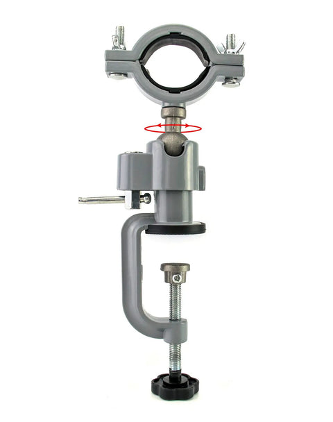 Sturdy Aluminum Alloy Bench Vise Clamp With Breezy 360 Spin And Quick 45 Degree Tilt, showcasing swivel joint and grip handle.