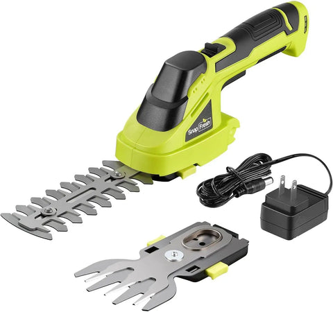 Cordless Grass Shear And 2 In 1 Hedge Trimmer For Easy Yard Care with 1100 RPM motor, 7.2V battery, dual blades, and charger included.