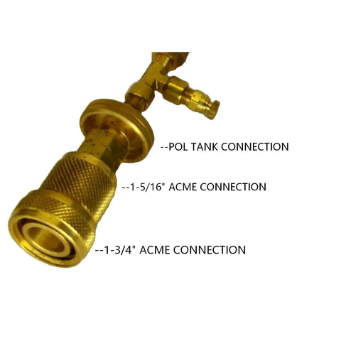 Go To Liquid Propane Transfer Kit for LPG Tanks with 6 Ft Hose, showing 1-5/8-20 female to POL and 1-3/4 ACME fittings detail.