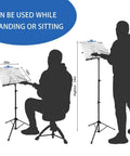 Illustration of Portable Foldable Music Stand For Piano And Violin, adjustable 28-54 inches, shown in sitting and standing positions.