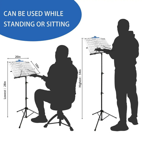 Illustration of Portable Foldable Music Stand For Piano And Violin, adjustable 28-54 inches, shown in sitting and standing positions.