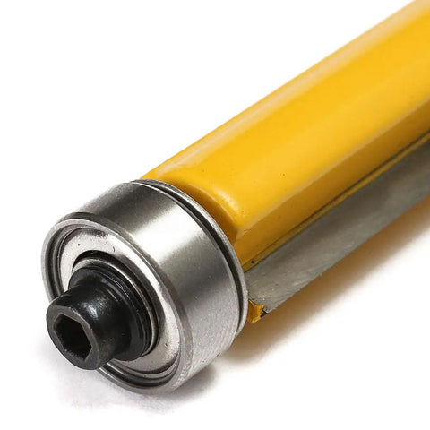 Premium Flush Trim Router Bit Two Piece Set Featuring Quarter Inch Shank And Dual Top And Bottom Ball Bearings Made From Tough Carbide Steel close-up of ball bearing and shank.