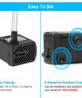Ultra Quiet Submersible Water Pump 50 GPH 3W with tubing and suction cups, easy to set up for aquarium or pond use.