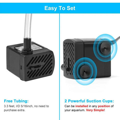 Ultra Quiet Submersible Water Pump 50 GPH 3W with tubing and suction cups, easy to set up for aquarium or pond use.