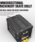 Omnidirectional machinery skate dolly for heavy load moving, featuring yellow rollers and reinforced black frame.