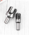 Two tapered wood plug cutters from the Top Notch 4 Piece Wood Plug Cutters With Tapered Deep Cutting Edge For Bench Drill And Electric Hand Drill Compatible Precision Woodworking Bits That Nail Your Fine Carpentry Needs Smoothly Every Single Time.