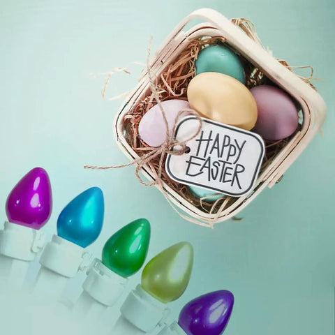 Pastel Easter String Lights 50 LED C3 Glass Bulbs, 12.5 Ft White Wire with pastel eggs and Happy Easter sign