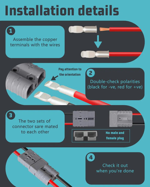 Installation guide for Straight Up Heavy Duty Anderson Battery Connectors 600V 50A Quick Release Power Plug Kits with wiring steps.