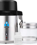 Heavy Duty Stainless Steel Water Distiller For Home Countertop with 4 liter glass vessel and cleaning solution.